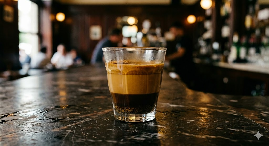 Argentine cortado recipe in a small clear glass with golden espresso crema and a warm milk layer, served on a dark marble café counter in Buenos Aires style