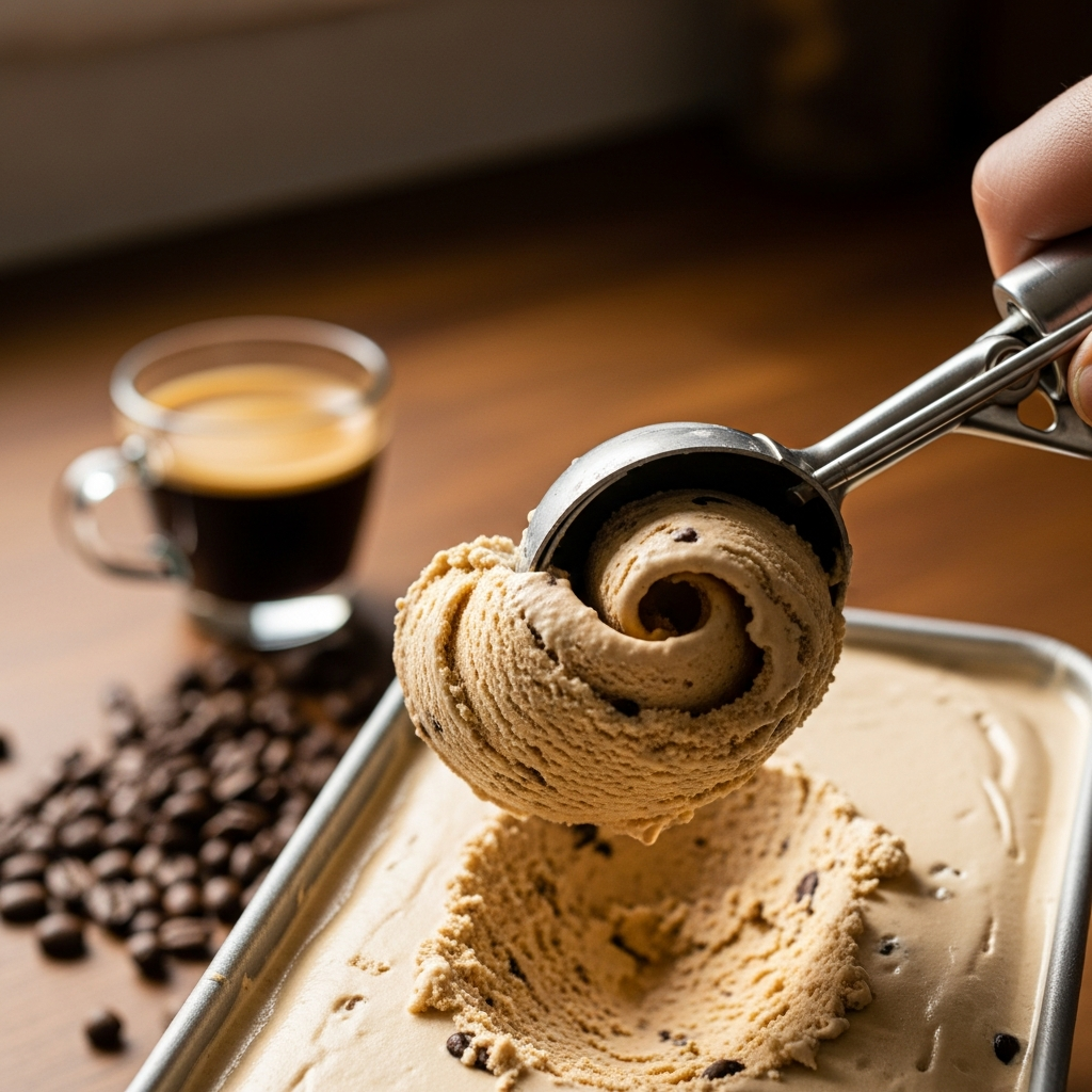 Scooping coffee ice cream showing creamy dense texture
