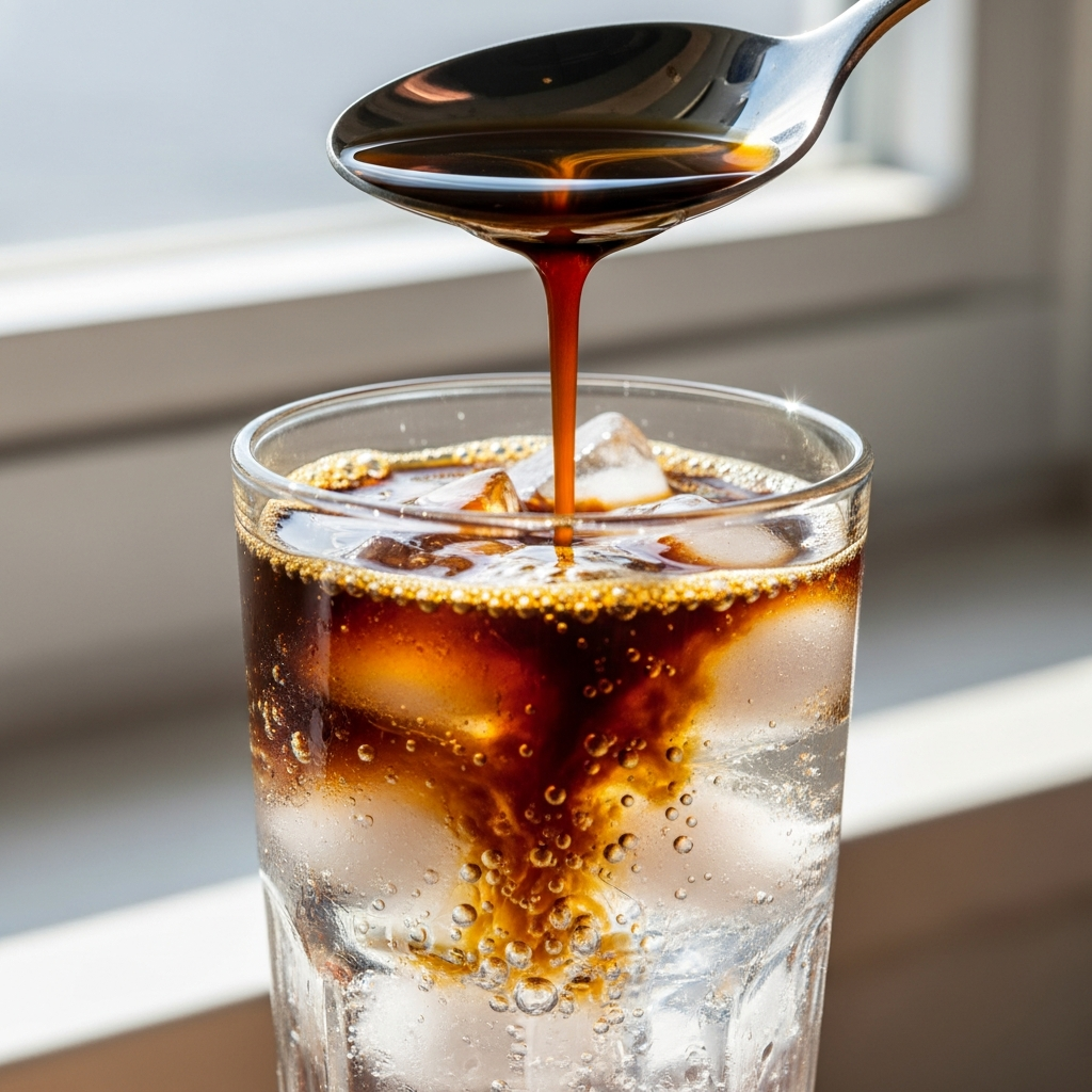 Pouring espresso over spoon into tonic water creating layered effect