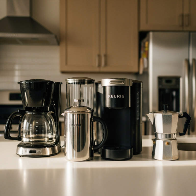 Array of coffee makers including drip, French press, Keurig, and moka pot on clean white countertop