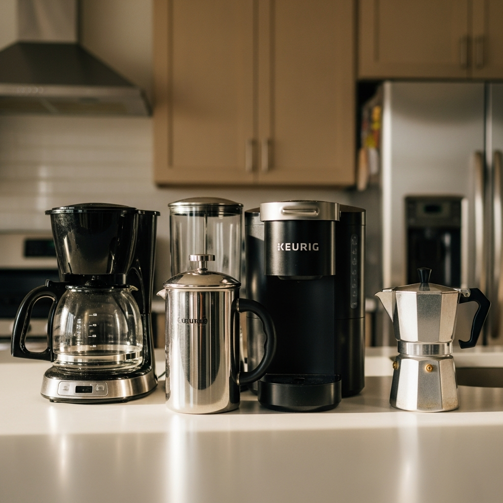 Array of coffee makers including drip, French press, Keurig, and moka pot on clean white countertop