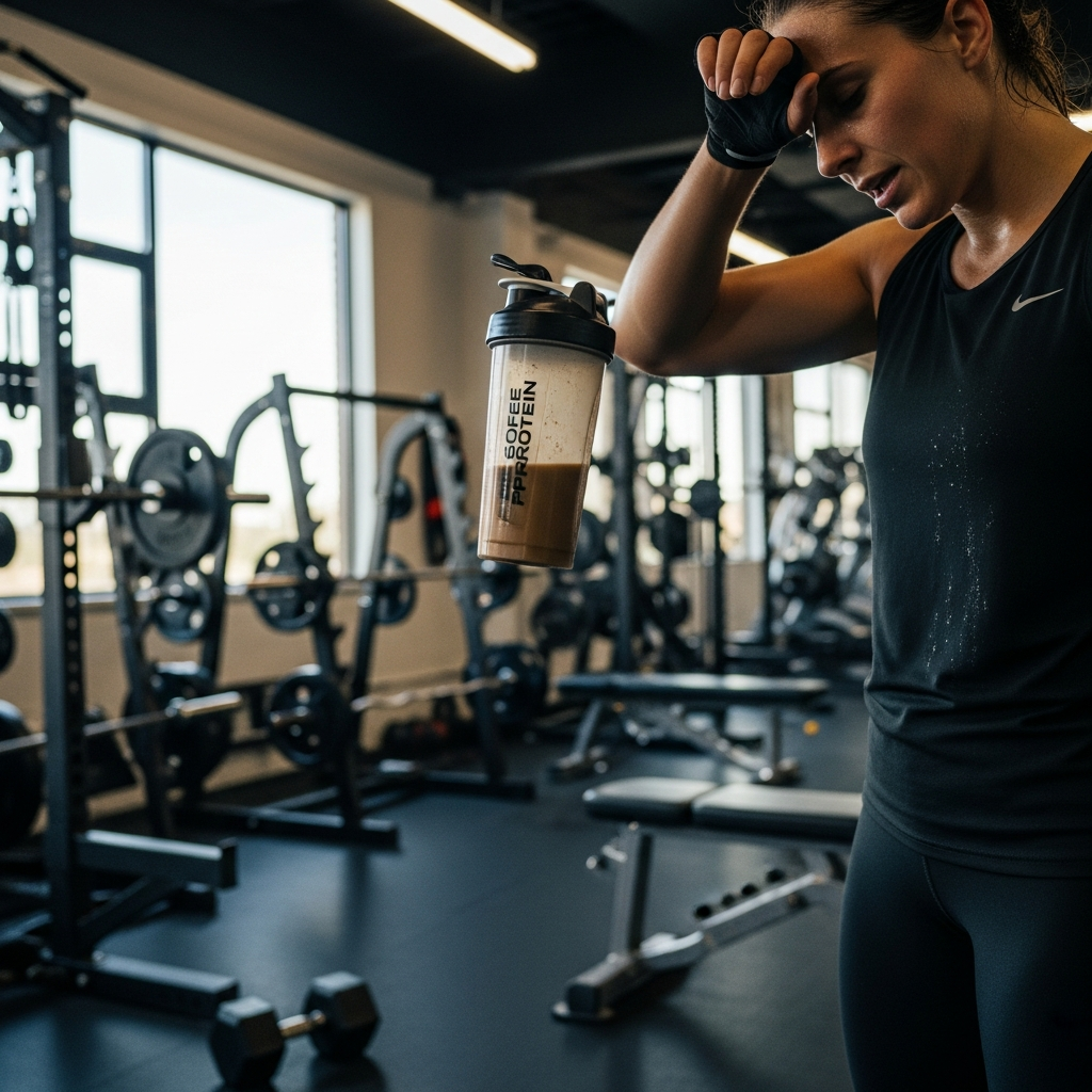 Pre-workout coffee protein shake in gym setting