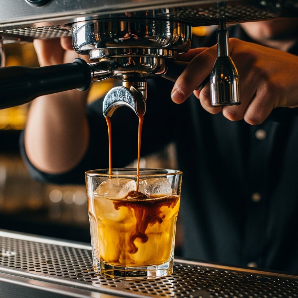 Making carajillo by pouring espresso over Licor 43 and ice