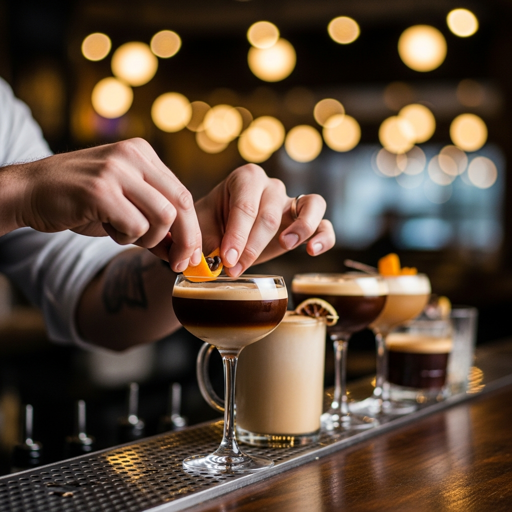 Bartender garnishing coffee cocktails on dark bar
