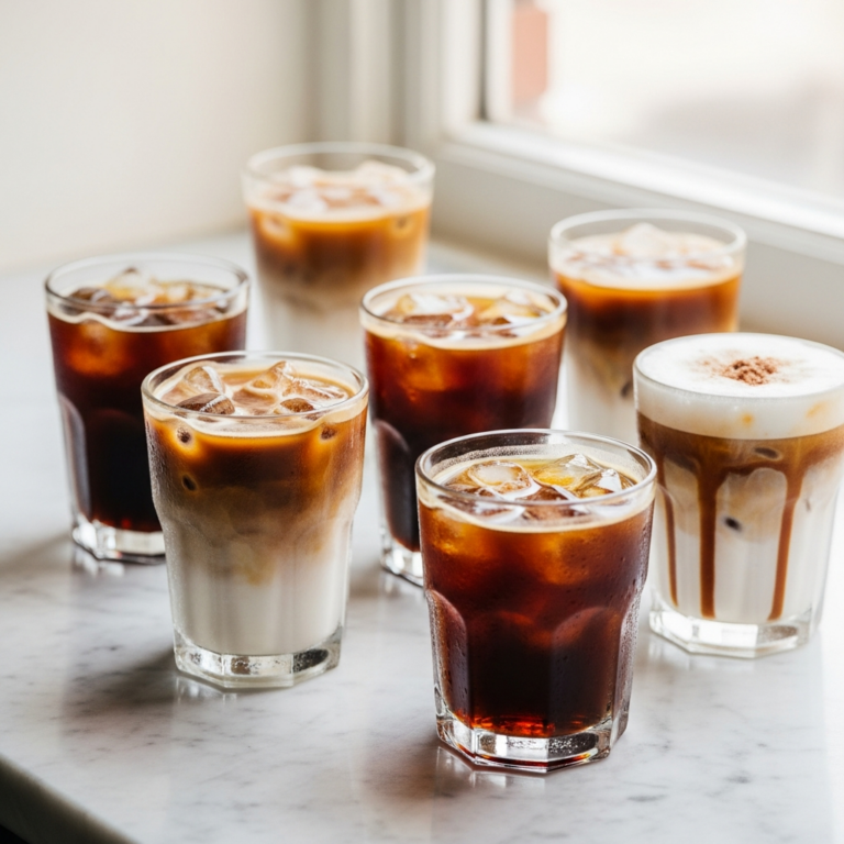 Spread of iced coffee drinks on marble countertop in warm natural light