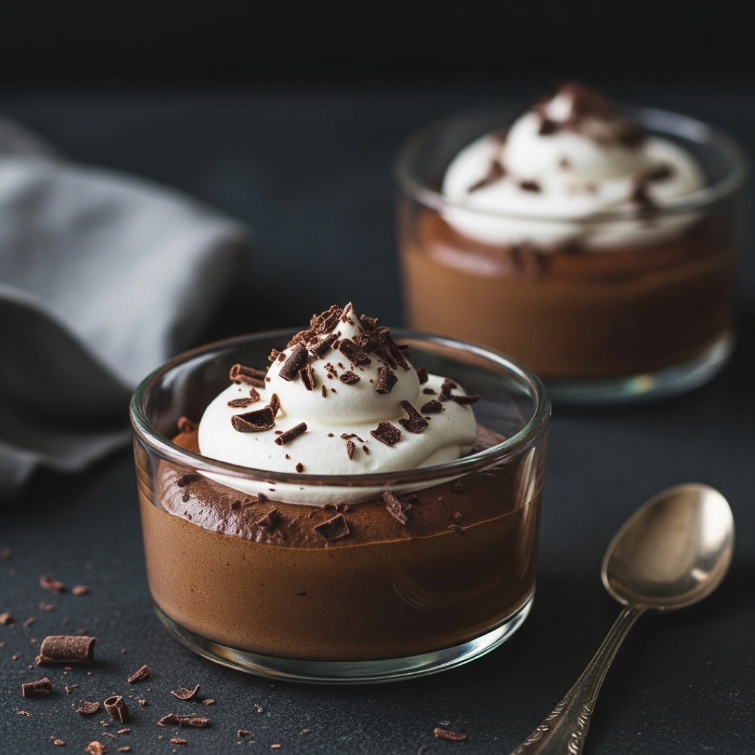 Chocolate coffee mousse in glass ramekins with whipped cream and chocolate shavings