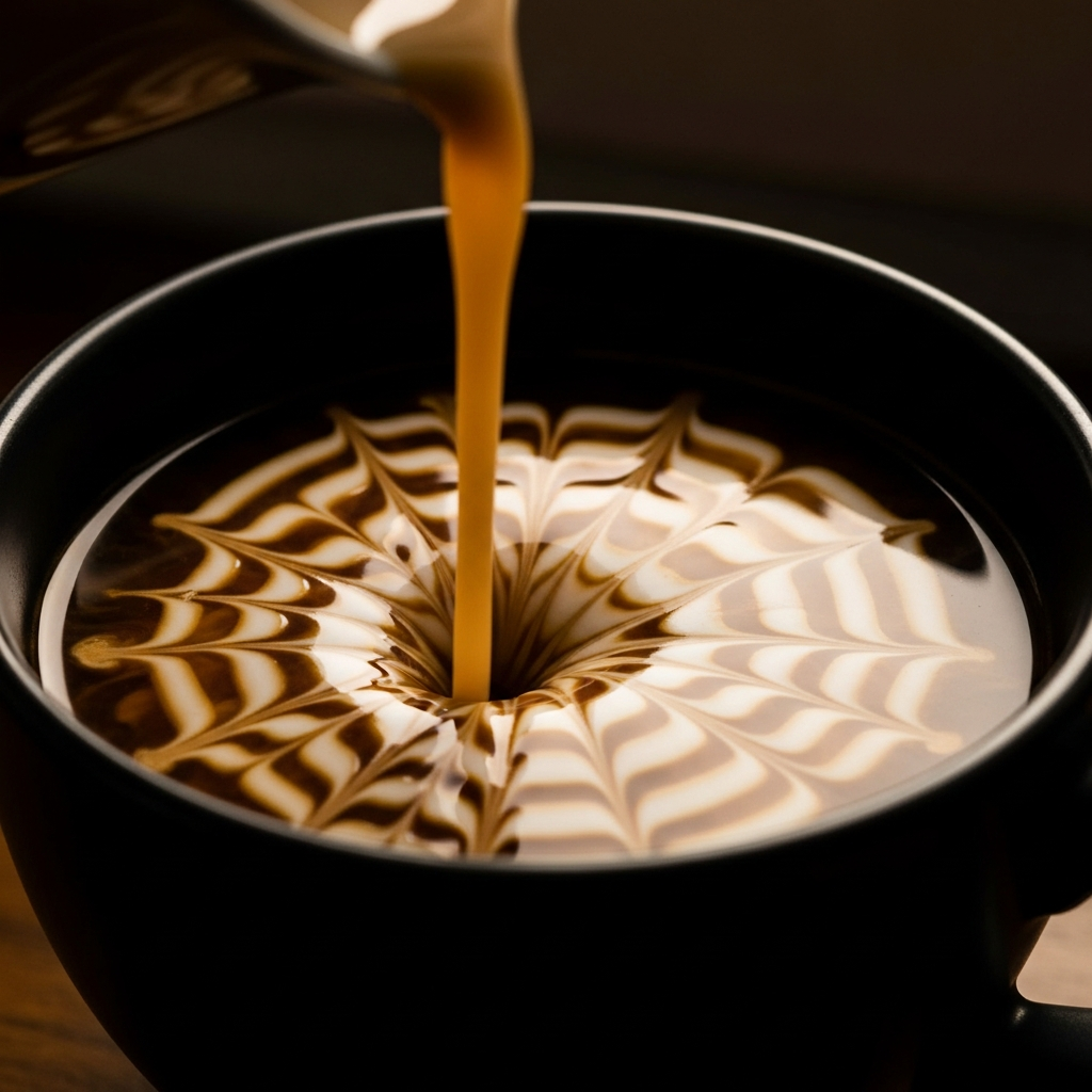 Pouring homemade coffee creamer into cup creating swirl pattern