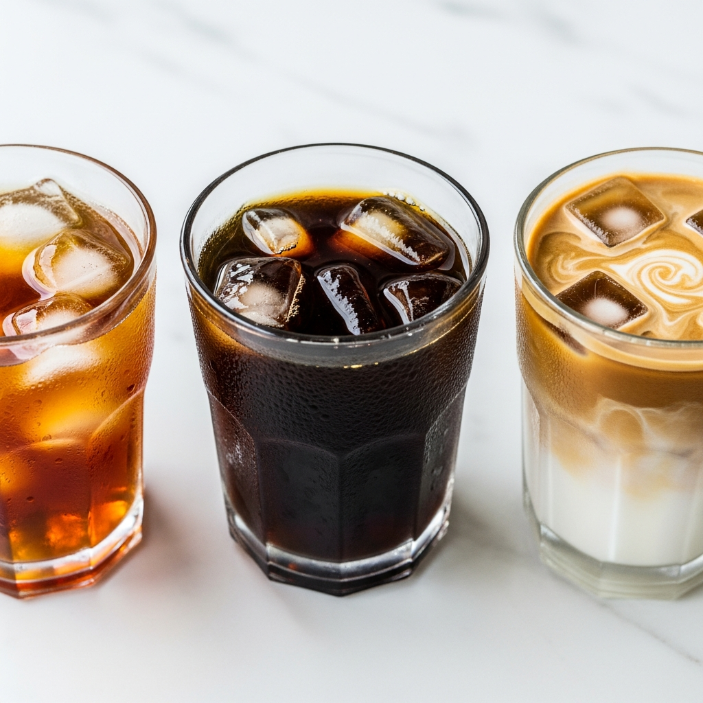 Overhead comparison of iced coffee cold brew and iced latte colors