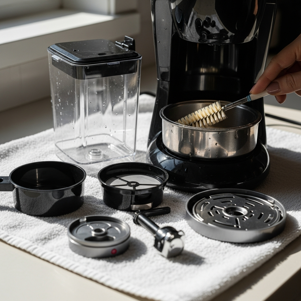 Close-up of disassembled coffee maker being cleaned with a brush