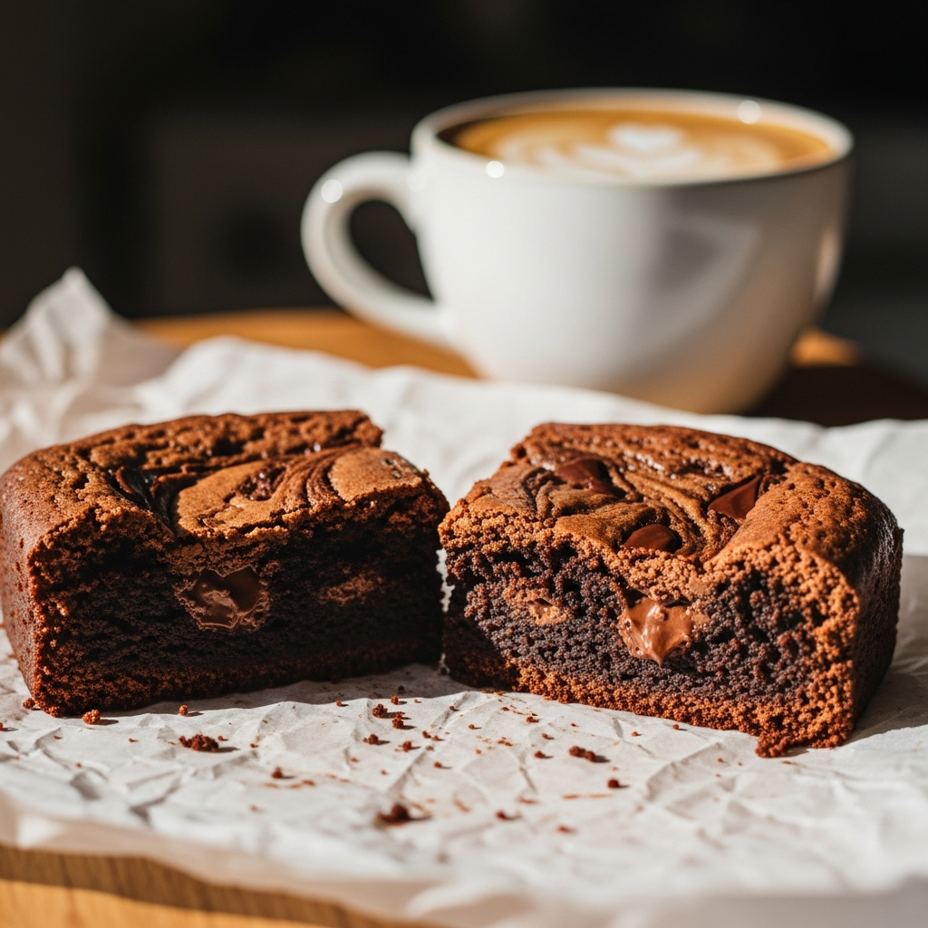 Mocha brownie broken open showing dense fudgy interior