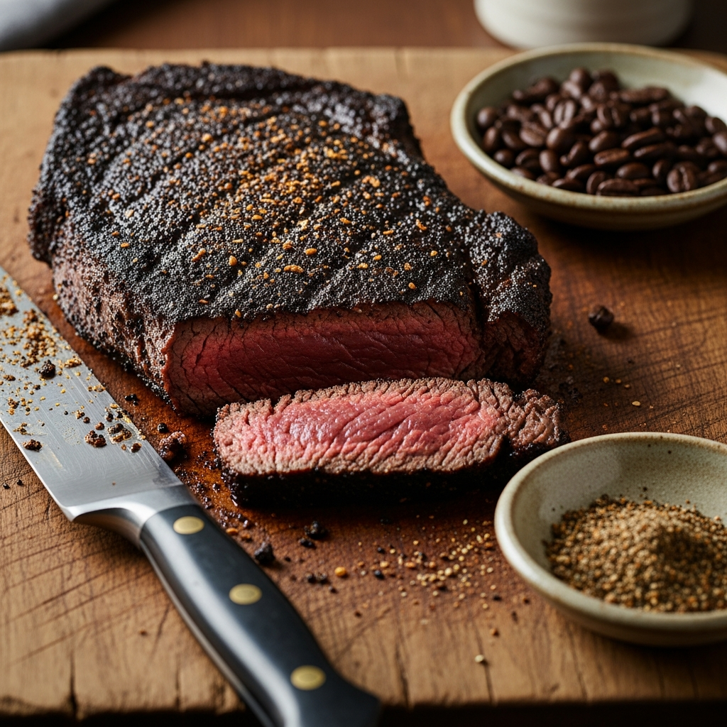Coffee-crusted steak sliced on cutting board showing pink interior
