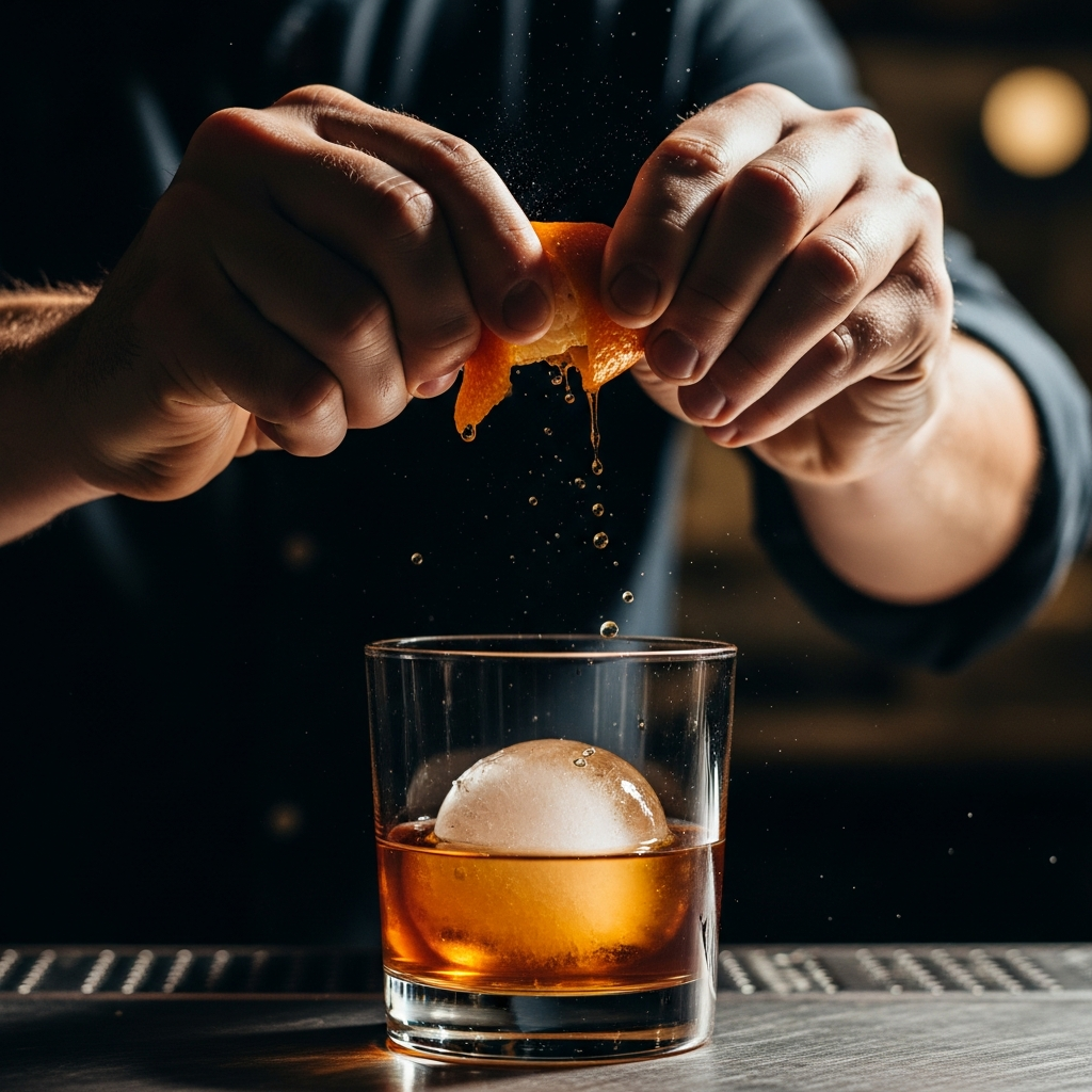 Expressing orange peel over coffee old fashioned cocktail