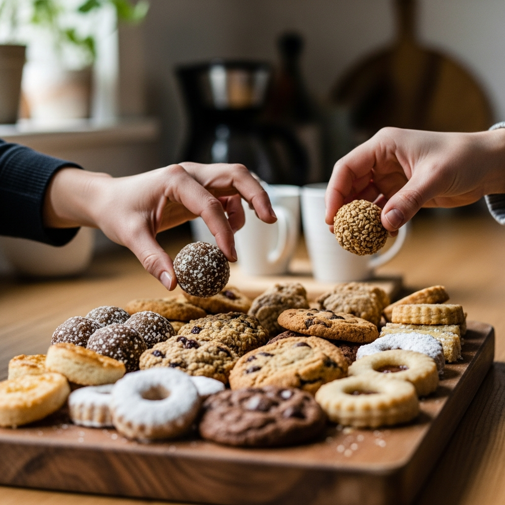 Hands reaching for coffee snacks on rustic serving board