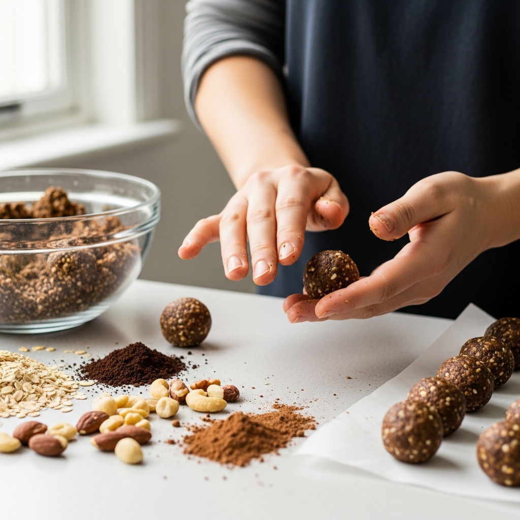 Rolling coffee energy ball mixture into balls
