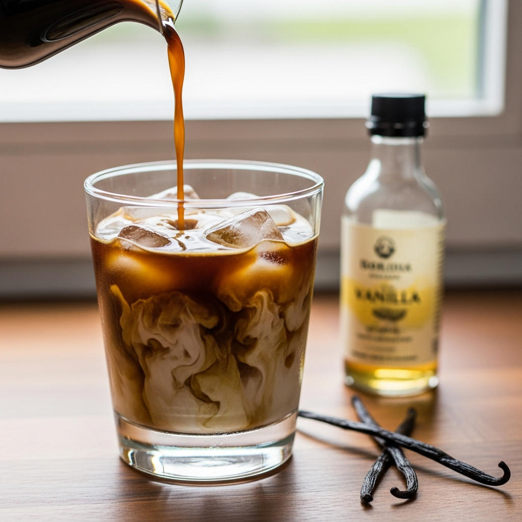 Pouring espresso over ice and vanilla milk creating swirl patterns