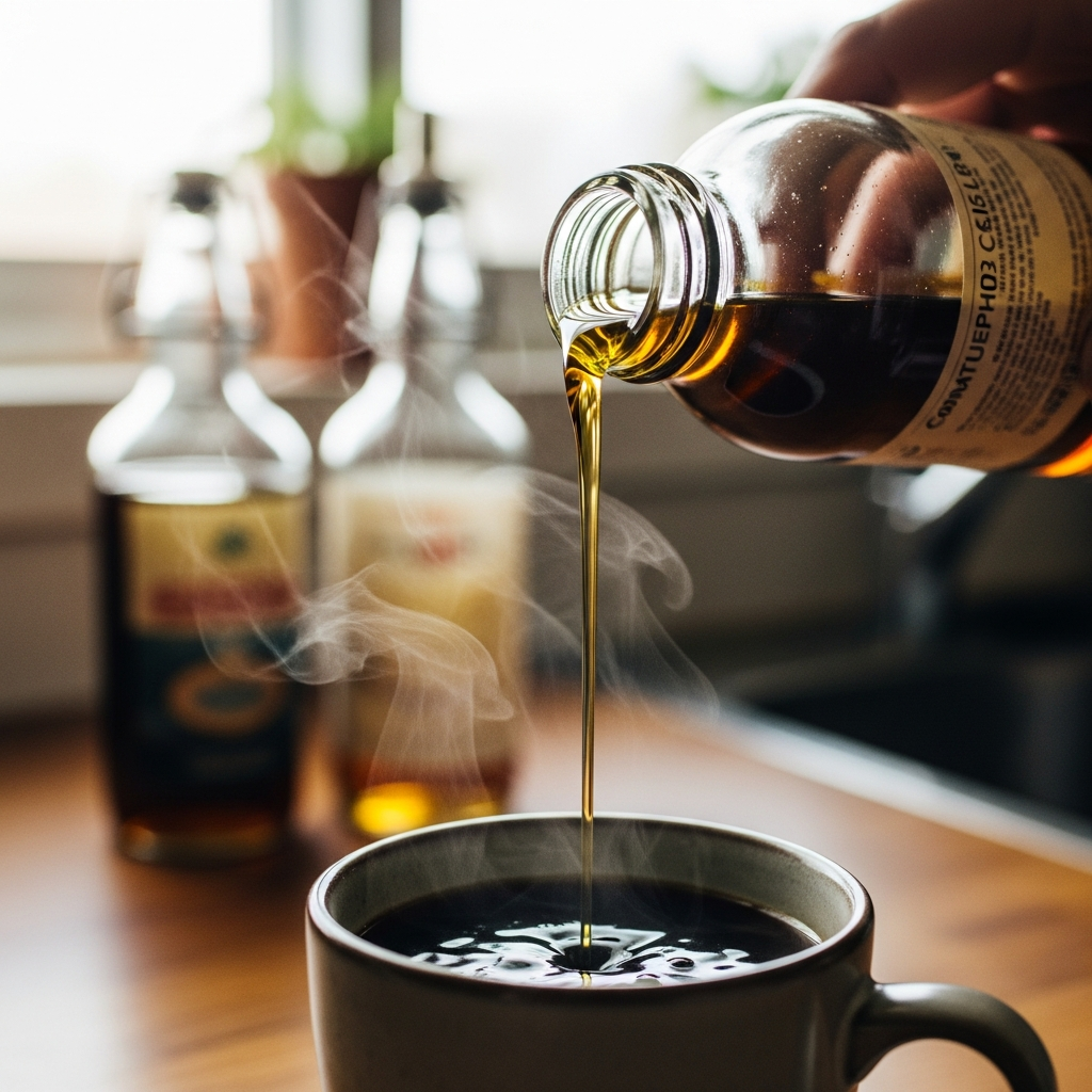 Pouring homemade coffee syrup into steaming cup of coffee