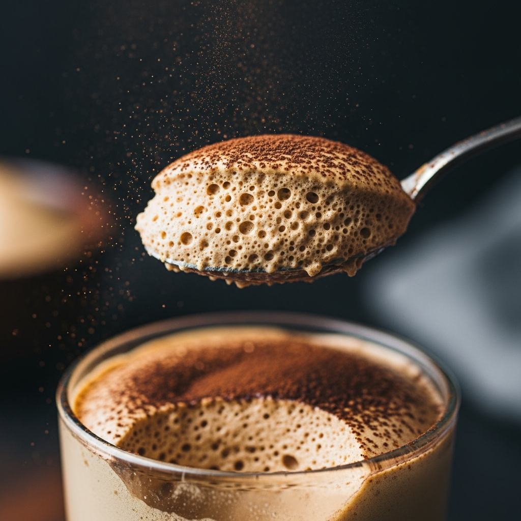 Spoon lifting airy coffee mousse showing fluffy texture