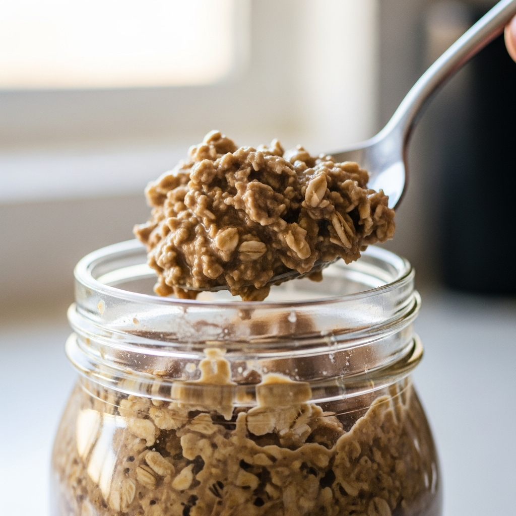 Spooning into coffee overnight oats showing creamy layers