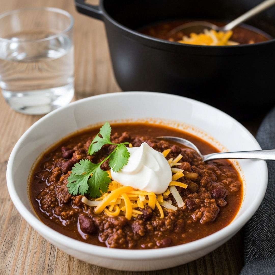 Hearty beef chili made with coffee topped with cheese and sour cream