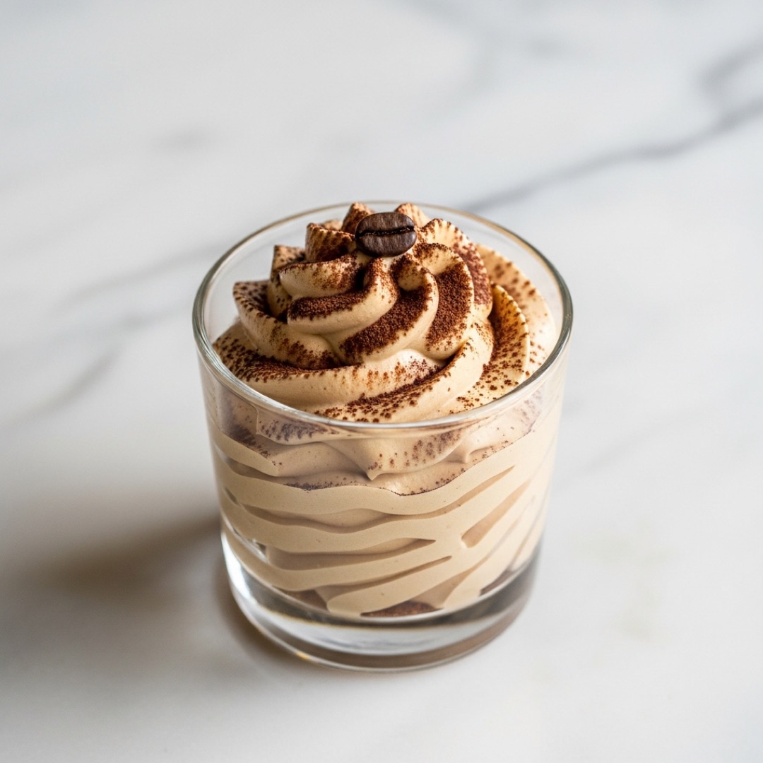 Coffee mousse piped into a glass dusted with cocoa and a coffee bean