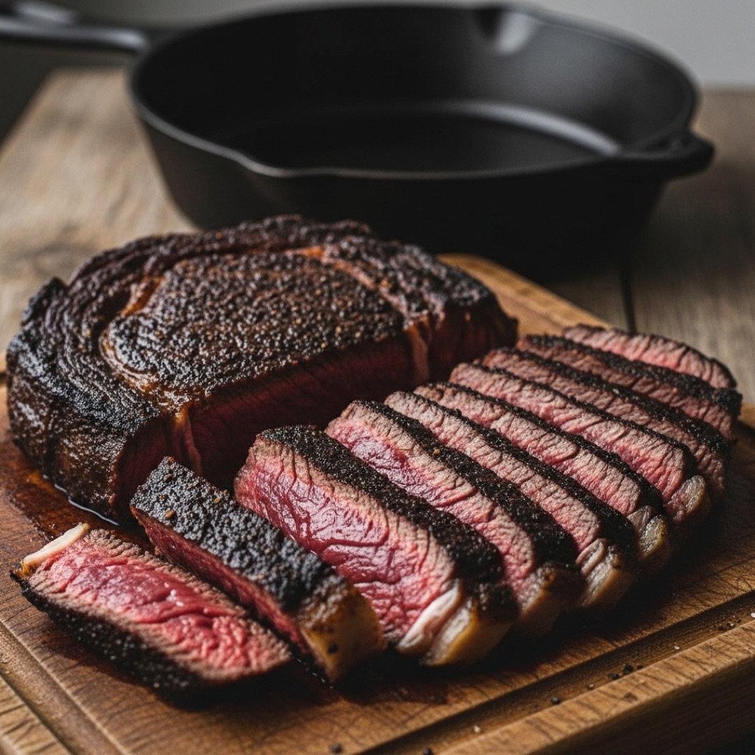 Coffee-rubbed ribeye steak sliced medium rare with cast iron skillet