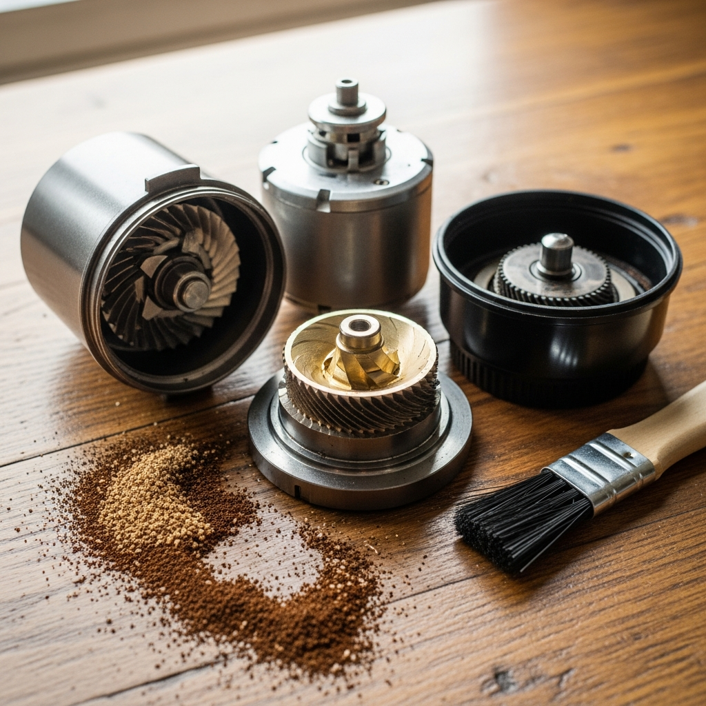 Disassembled burr coffee grinder with cleaning brush on wooden surface