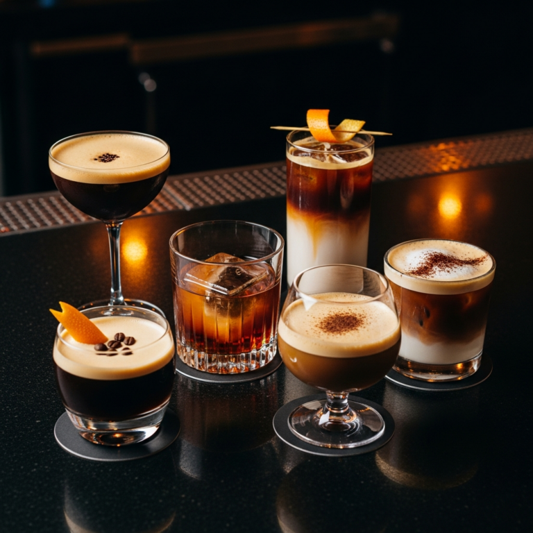 Elegant spread of coffee cocktails on dark bar surface with moody lighting