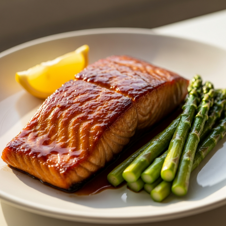 Espresso-glazed salmon fillet on white plate with asparagus