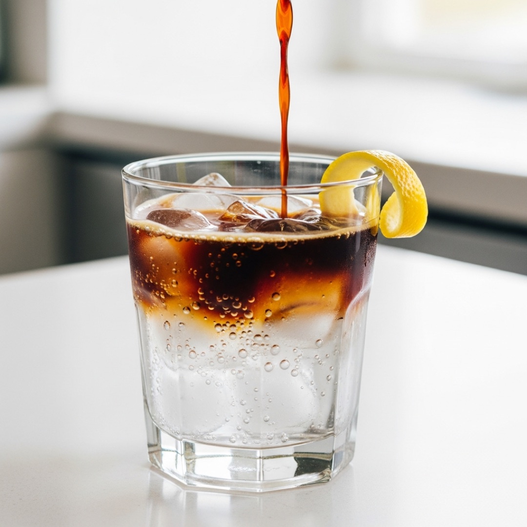 Espresso tonic over ice with lemon twist