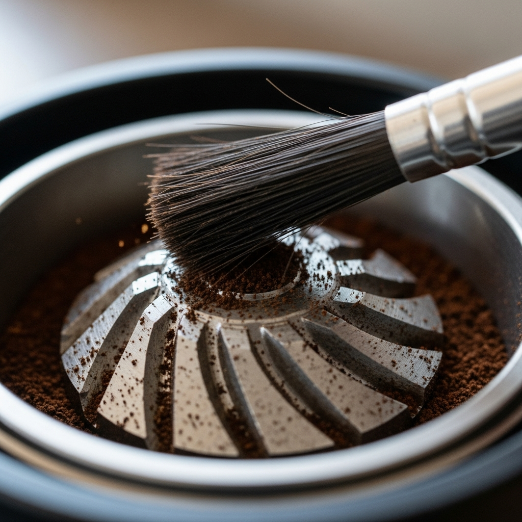 Close-up of burr grinder burrs being brushed clean