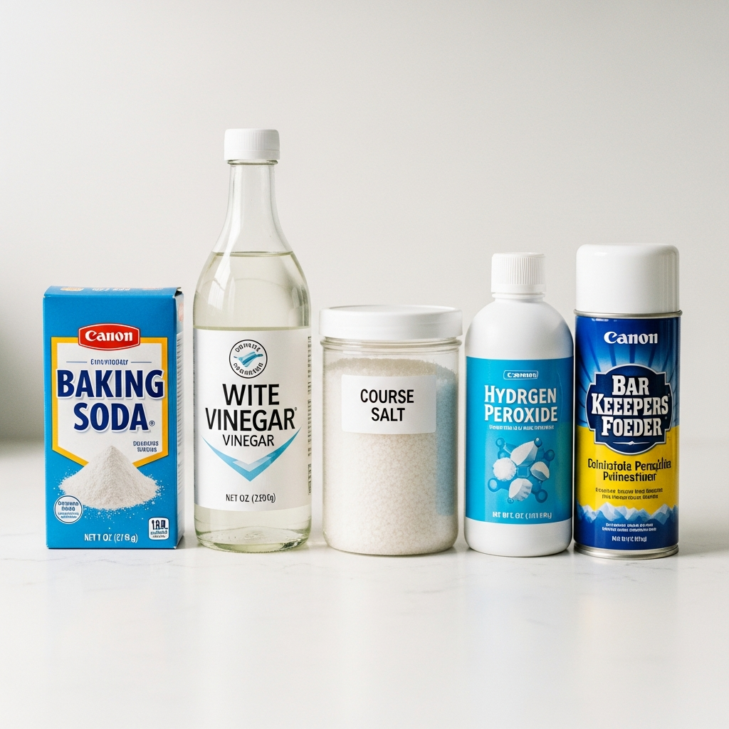 Five cleaning supplies for burnt coffee pots: baking soda, vinegar, salt, hydrogen peroxide, and Bar Keepers Friend