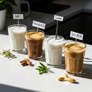 Four dairy-free coffees with different milk alternatives