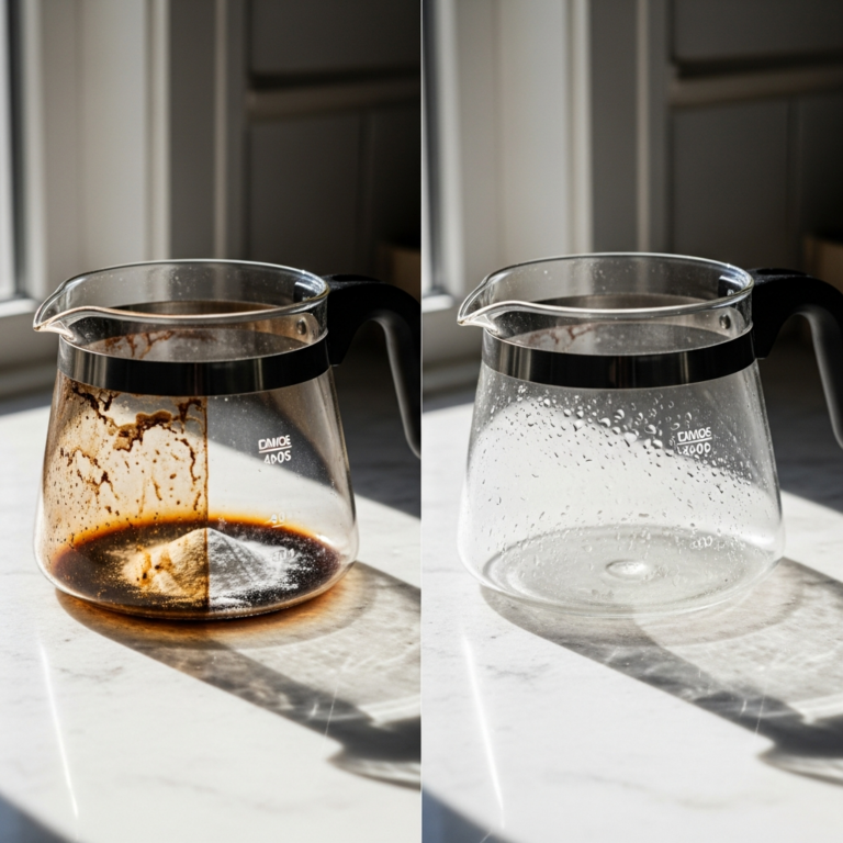 Glass coffee pot with burnt residue being cleaned with baking soda, before and after