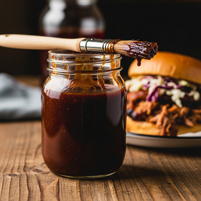 Jar of coffee BBQ sauce with basting brush and pulled pork