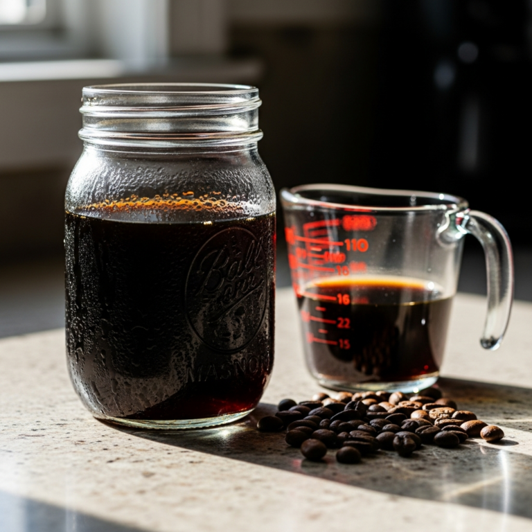 Cold brew coffee concentrate in mason jar with coffee beans and measuring cup