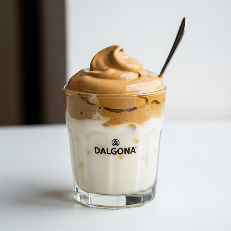 Dalgona coffee with whipped coffee cloud on top and spoon on rim