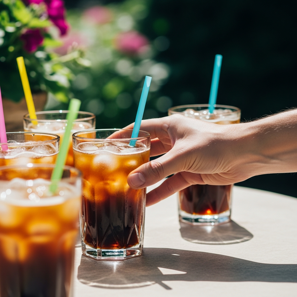 Summer iced coffee drinks on sunny outdoor table
