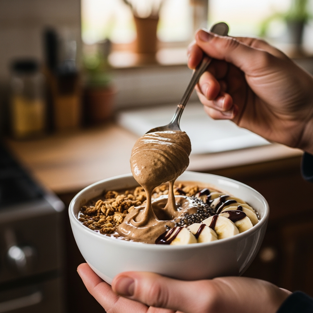 Scooping into thick coffee smoothie bowl showing creamy texture