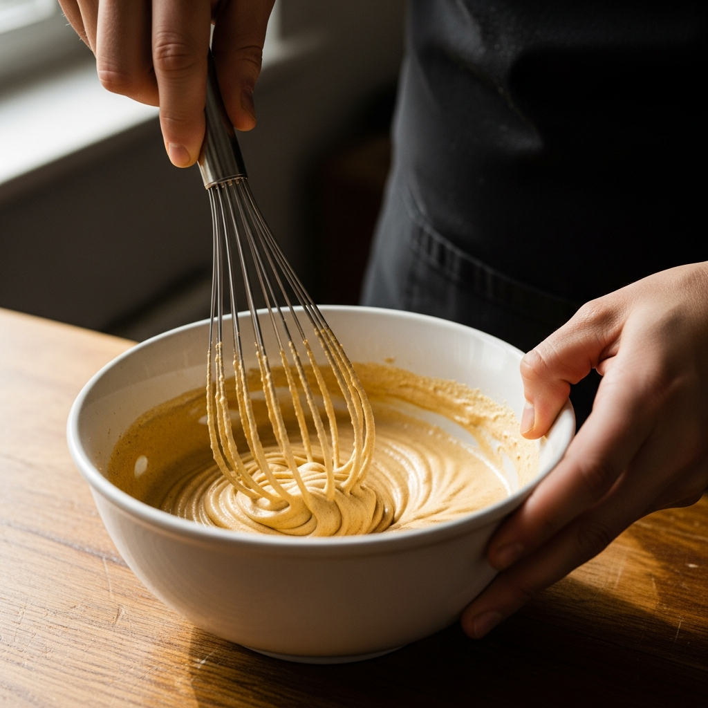 Whisking dalgona coffee mixture into thick golden peaks