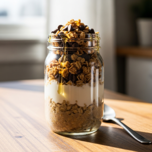 Mason jar of layered coffee overnight oats with toppings in morning light
