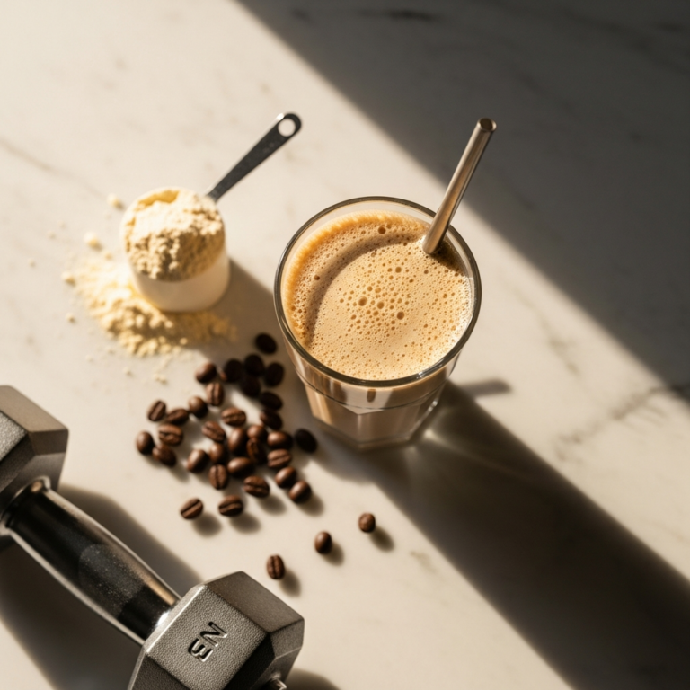 High-protein coffee shake with protein powder and coffee beans