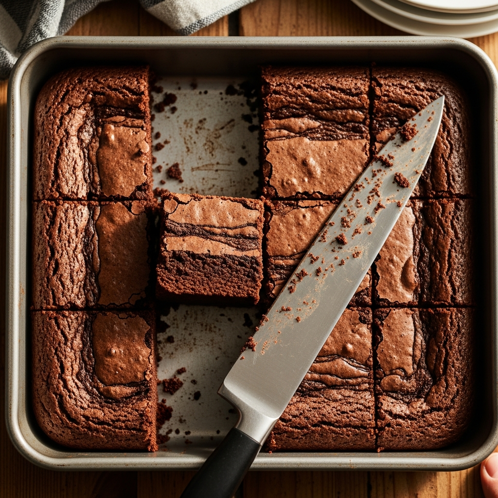 Freshly cut espresso brownies in baking pan showing fudgy interior