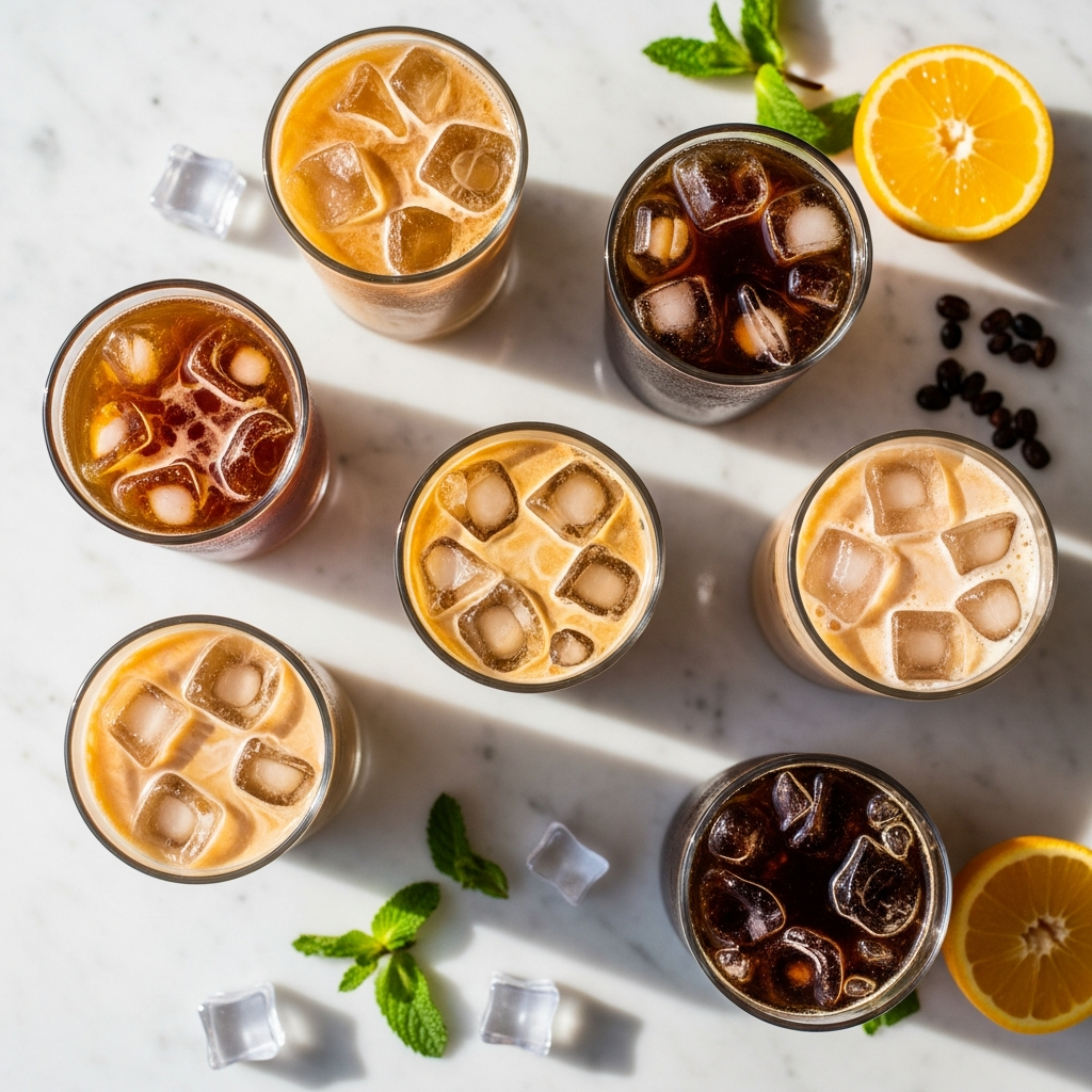 Variety of iced coffee recipes from above on marble surface