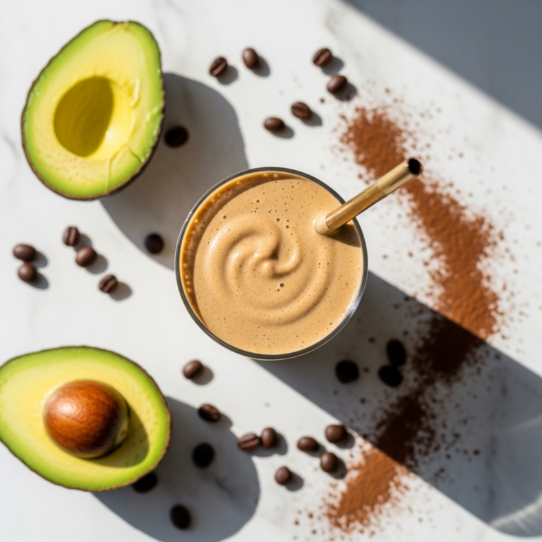 overhead view of a thick creamy coffee smoothie in a glass w 20260413 063439