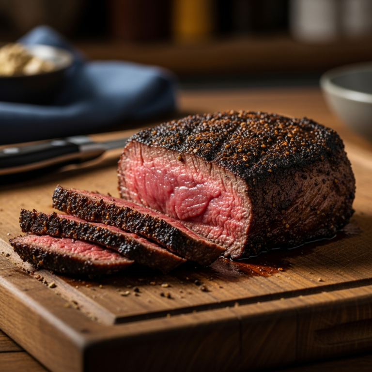 Coffee-rubbed steak on cutting board with pink center visible