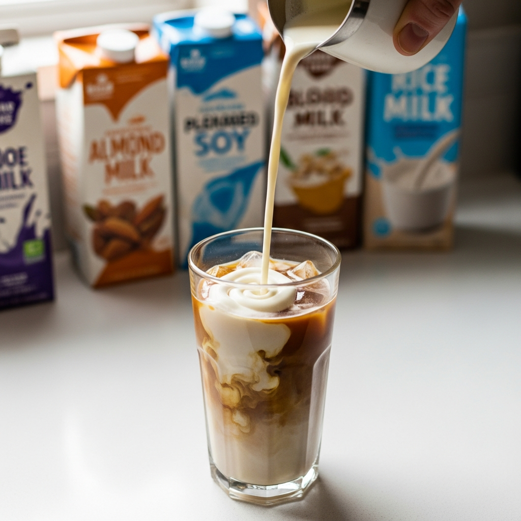 Pouring plant-based milk into iced coffee