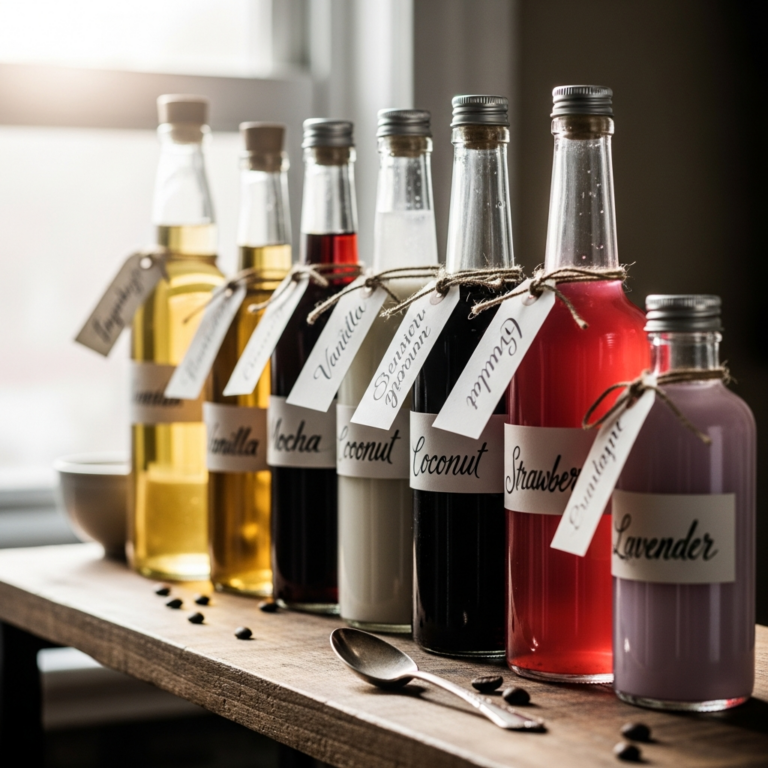 Row of homemade coffee syrup bottles in different colors on kitchen shelf