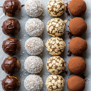 Rows of different flavored coffee energy balls on parchment paper