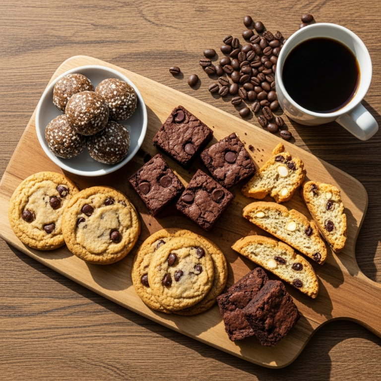 Rustic board with assorted coffee snacks and cup of coffee