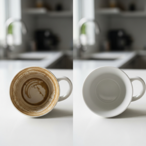Stained coffee mug next to gleaming clean mug, side by side comparison